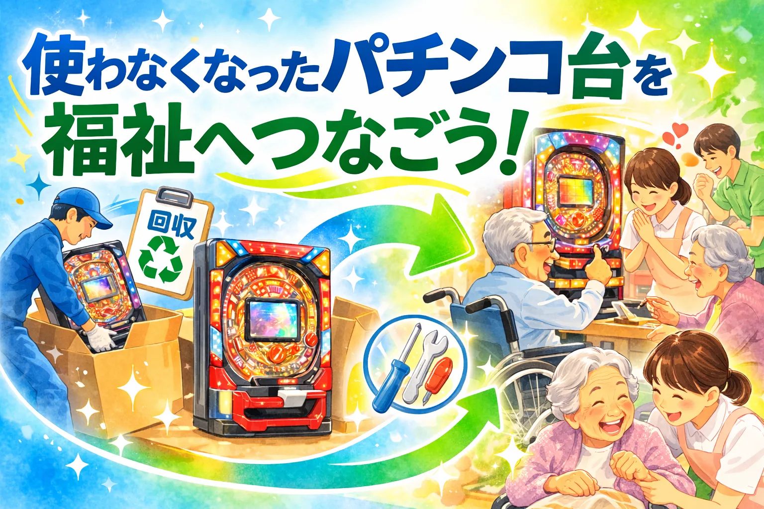回収されたパチンコ台が福祉施設で活用されるイメージ